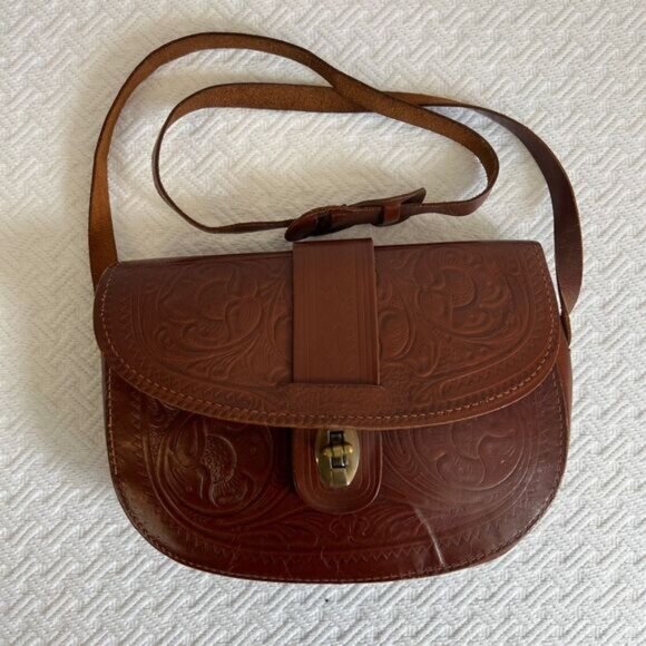 Vintage Handmade Fanco Brown Cowhide Leather Shoulder Bag Tooled Western Purse - Picture 1 of 16